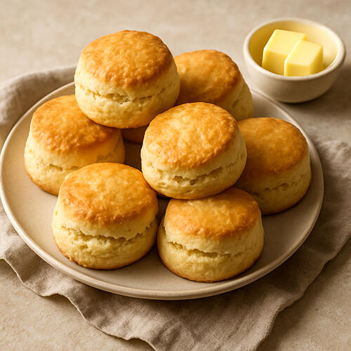 Plate of golden, fluffy scones served with cream, freshly baked at Lebo Bakes