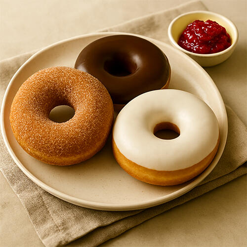 Freshly Glazed Donuts Three donuts on a plate — cinnamon sugar, chocolate glazed, and white glazed — from Lebo Bakes
